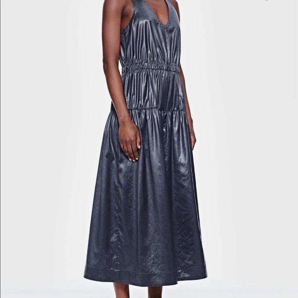 Tibi Sleeveless Metallic Navy Maxi Dress